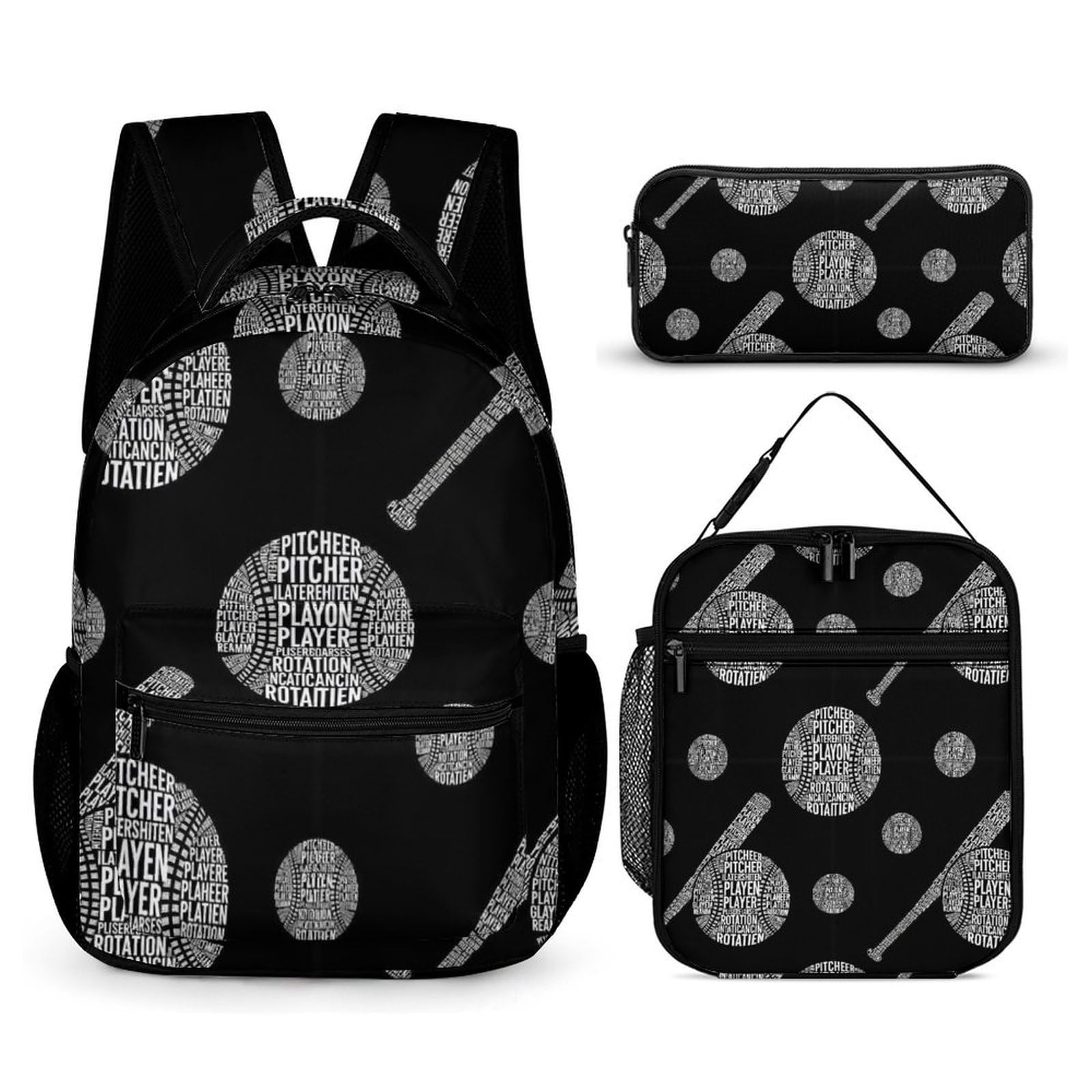 Ensemble sac à dos comprenant une boîte à lunch, une trousse de maquillage, un sac à dos de sport (2) et un sac de rangement.