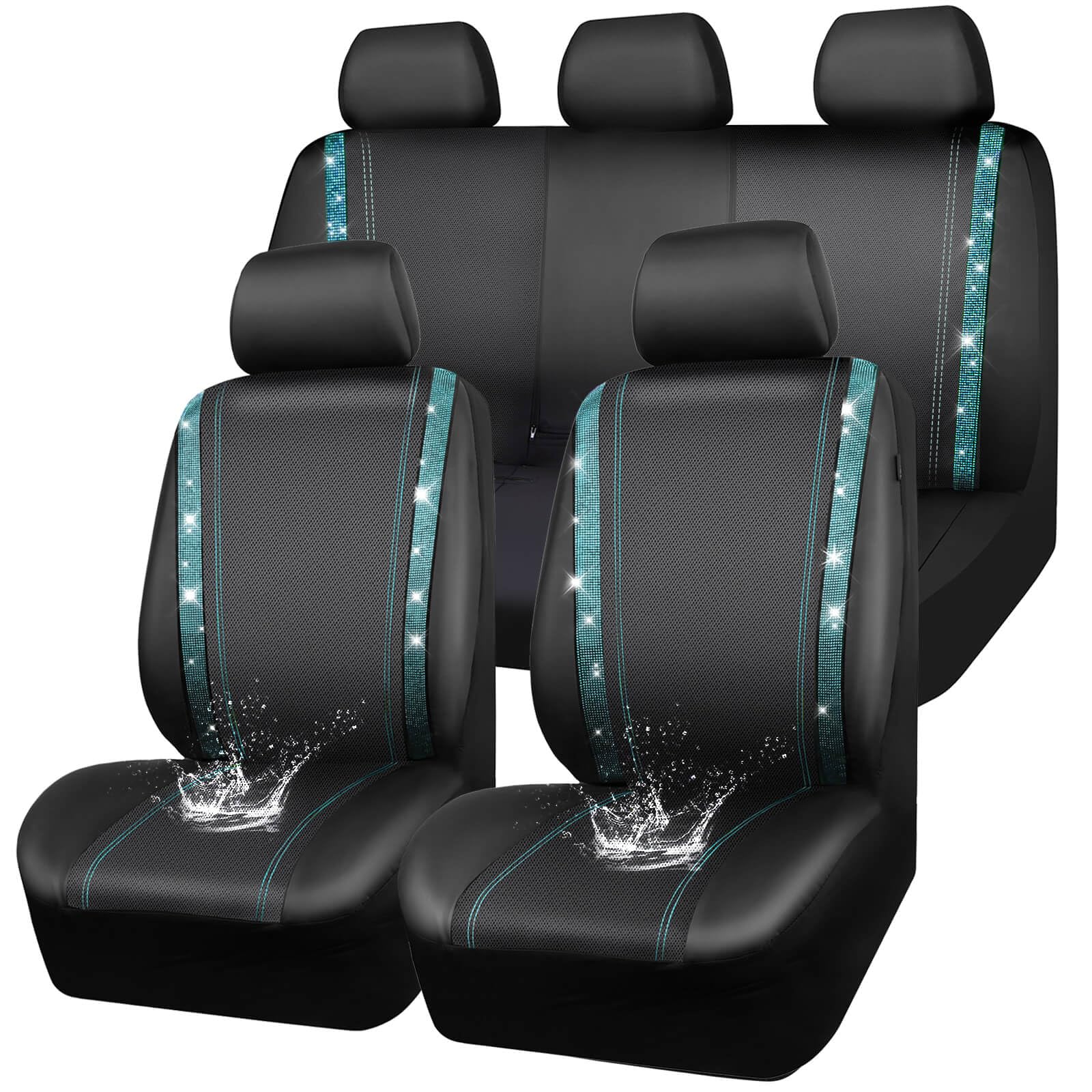 CAR PASS Bling Car Seat Covers Full Set, Shining Rhinestone Diamond Waterproof Faux Leather Universal Fit 95% Automotive Glitter Crystal Sparkle Strips for Cute Women Girl, Full Set (Mint Diamond)