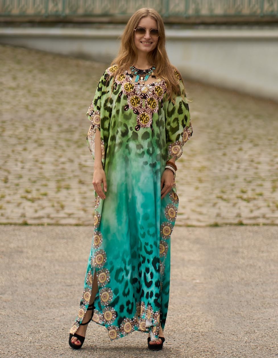 Women's Plus Size Moroccan Print V-Neck Batwing Kaftan Loose Fit Beach Dress Bathing Suit Cover Up - Image 2