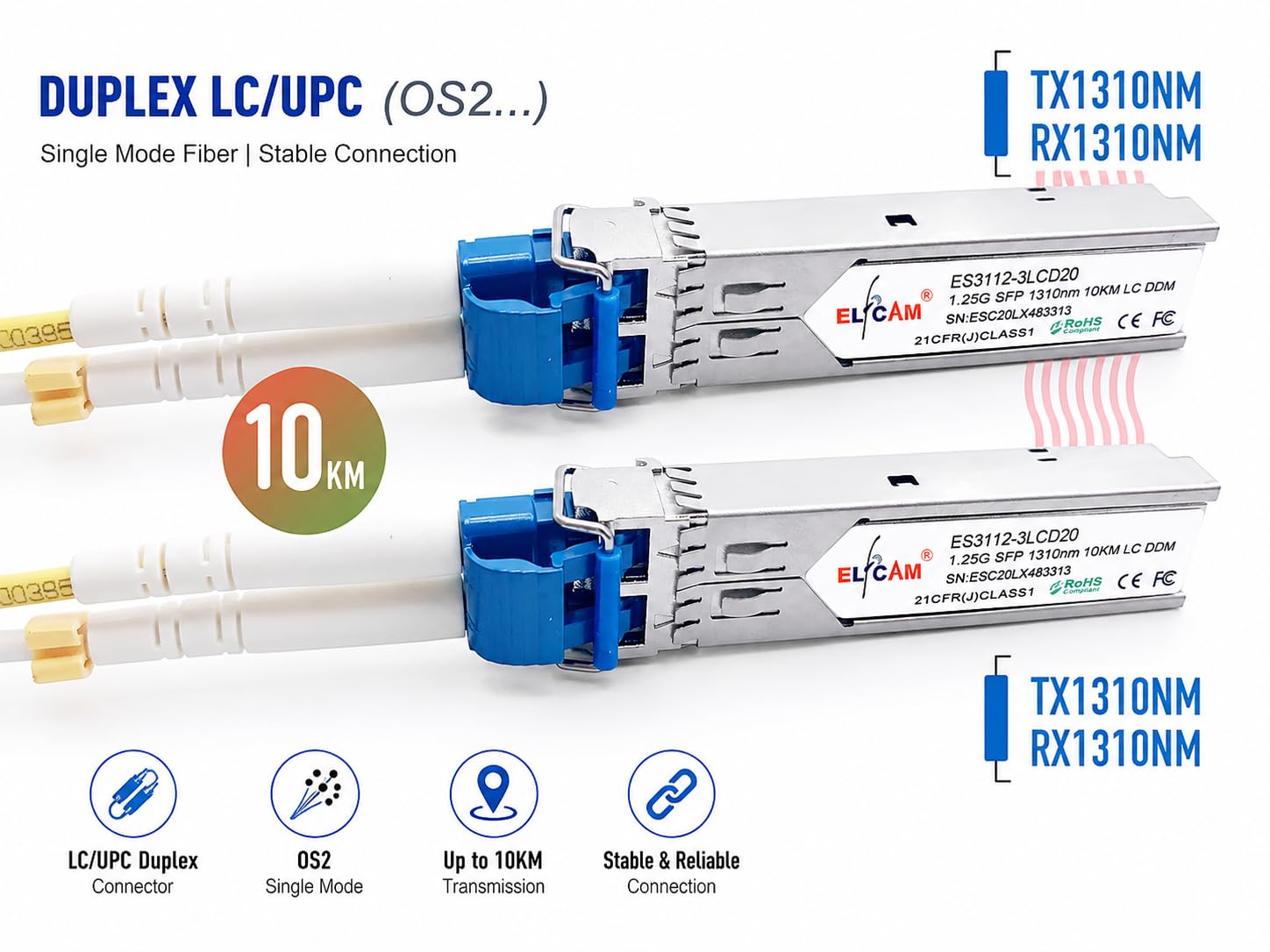 Elfcam - 2 Pack 1,25Gb SFP Module de Transceiver à Fibre Optique 1310nm 10km, Connecteur de Fibre Optique LC/UPC Monomode Duplex Compatible avec Cisco, Ubiquiti Networks, Huawei, D-Link, Open Switch