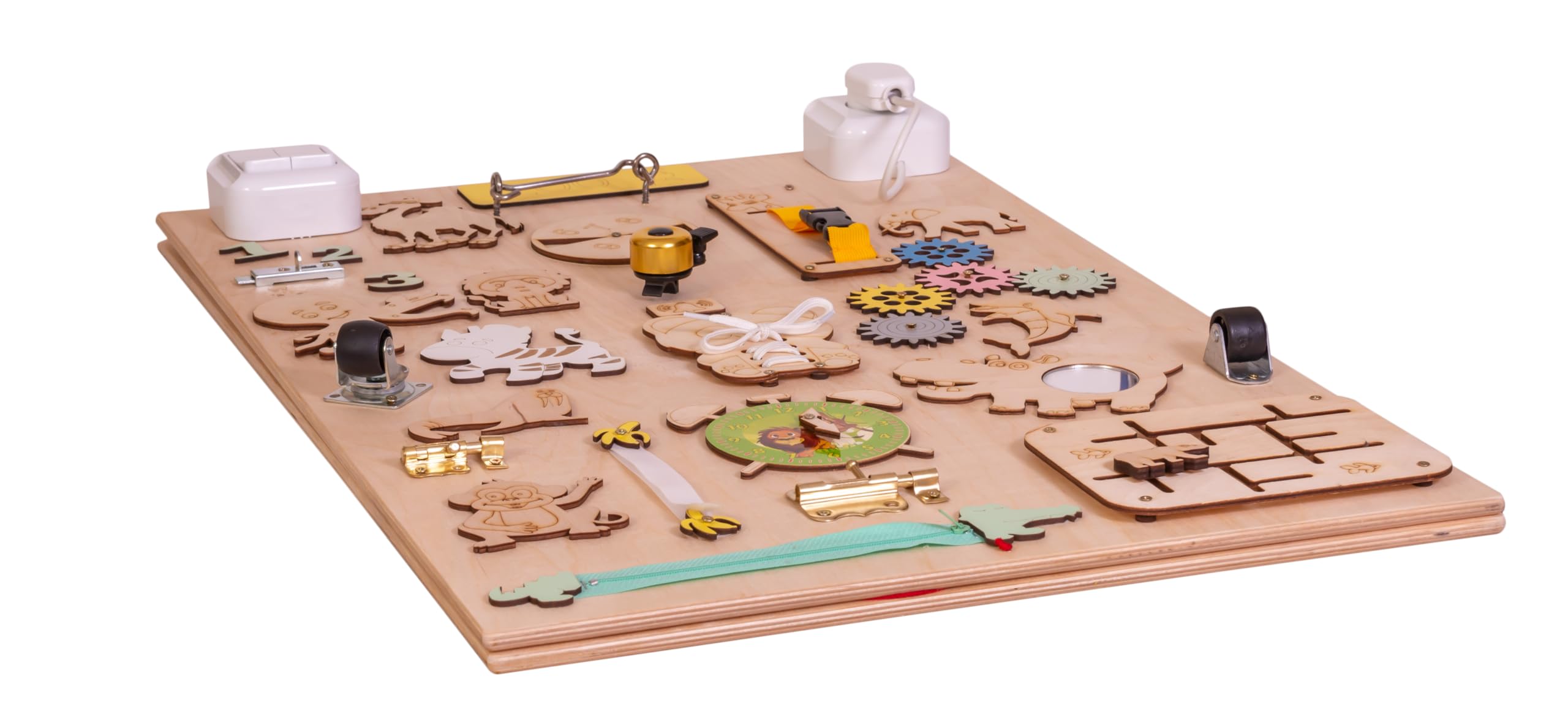 Leo - Quadro di attività sensoriale Montessori Busy Board in legno autoportante double face naturale Zoo 75 cm