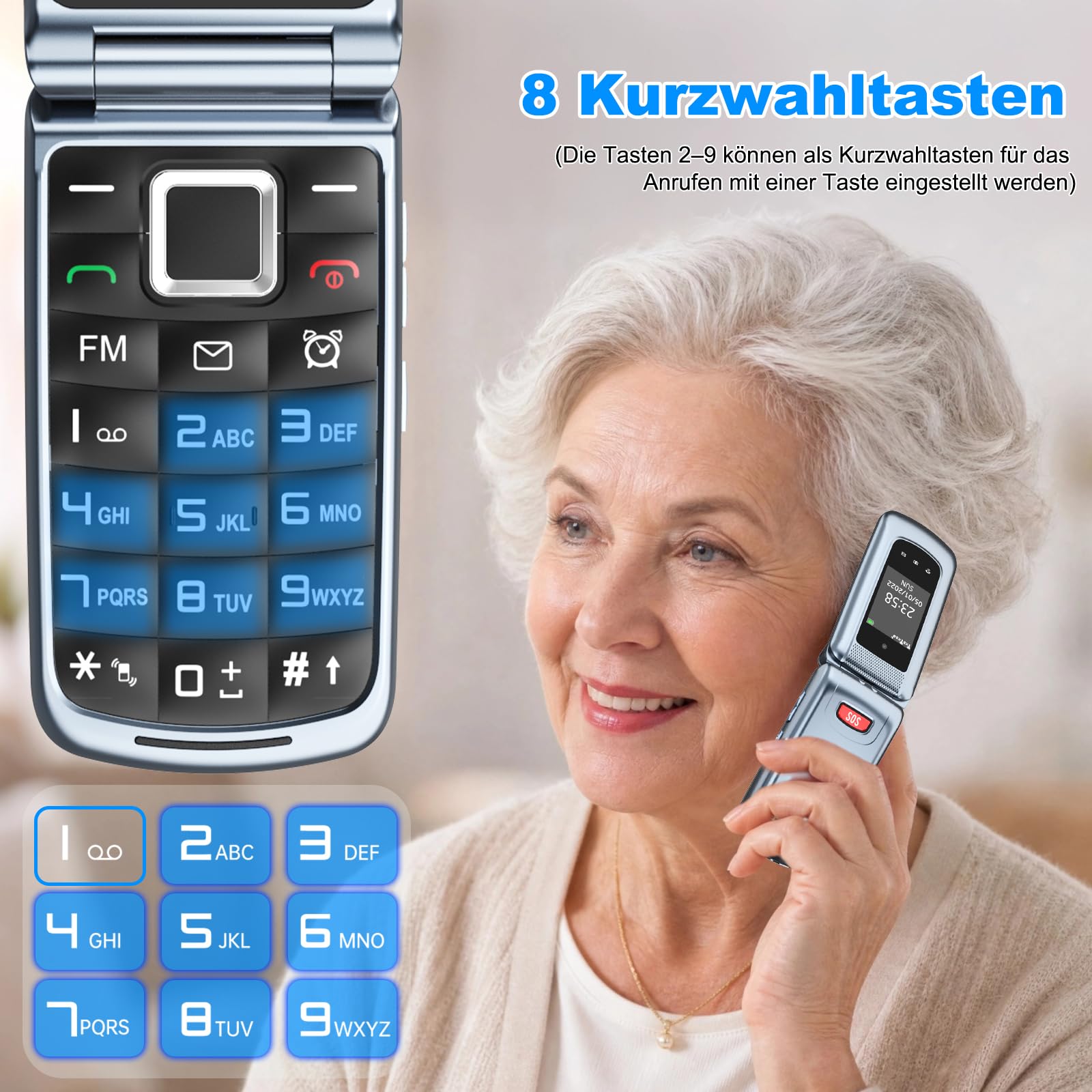 4G Seniorenhandy Klapphandy Ohne Vertrag mit Großen Tasten| Dual-SIM Rentner Handy mit Sprachansage | Ladestation | 2,4+1.77 Zoll Dual Farbdisplay| Flip Mobiltelefon mit SOS | Kurzwahl | Grau