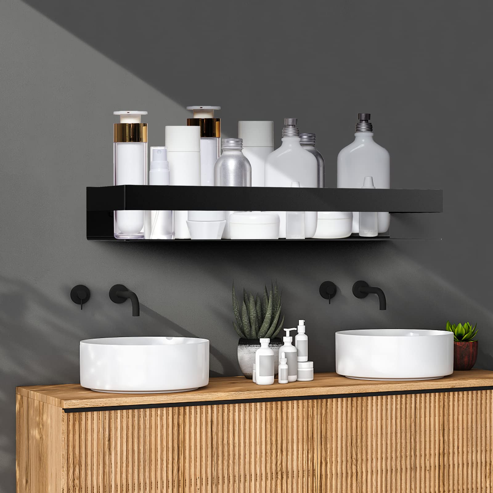 SFGSOWOR Floating Shelf Black Shower Shelf 304 Rustproof Extra Thick Stainless Steel Wall Shelf for Bathroom/Kitchen/Toilet/Laundry Storage Groupers Shelf 16-inch Shower Caddies (Matte Black)