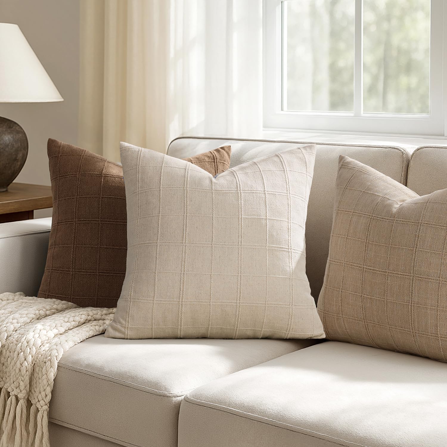 Woaboy Linen Check Throw Pillow Covers Set of 2 - Light Brown Farmhouse Modern Boho Vintage Decorative Cushion Covers for Sofa Couch Bedroom Living Room Decor 18x18 Inch - Image 4
