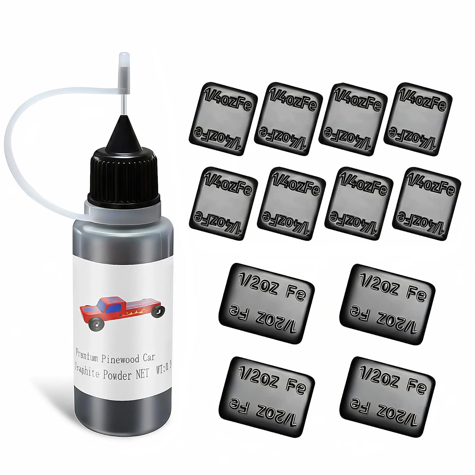 Kypikosp Pinewood Car Weights Kit - 4OZ Pinewood Weights 0 5 OZ Graphite Powder Lubricant 12 pcs 2