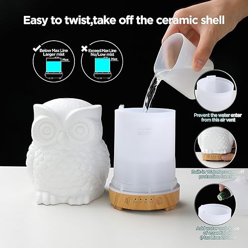 Miniatura 8 de Difusor de Aromaterapia de Cerámica en Forma de Búho Inrorans 160 ml Difusor de Aceite Esencial Ultrasónico de Niebla Fría con Neblina Intermitente