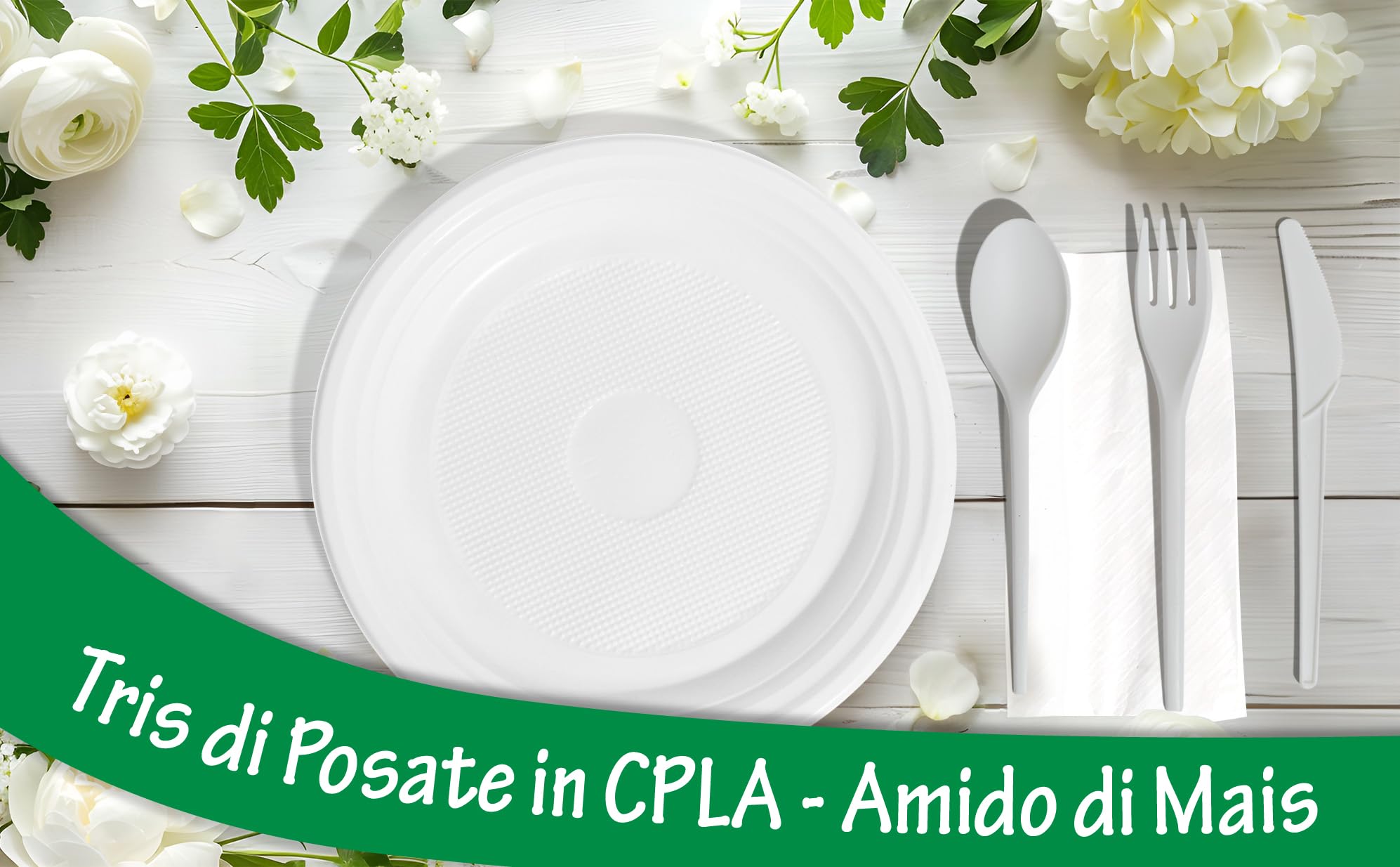 HYPER form Set Posate Biodegradabili e Compostabili Tris Forchetta Coltello Cucchiaio e Tovagliolo 100 Pezzi