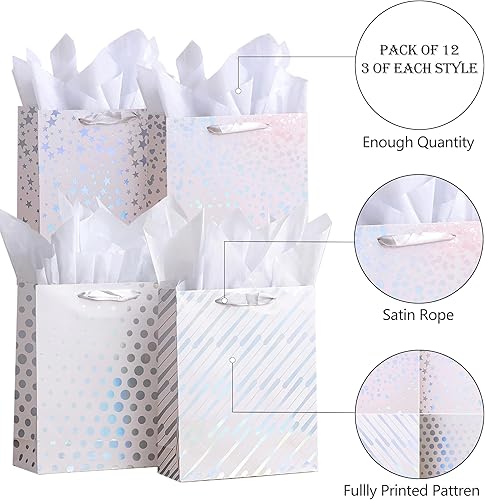 Miniatura 9 de SHIPKEY Paquete de 4 bolsas de regalo pequeñas con papel de seda, 7 x 4 x 9 pulgadas, surtido de bolsas de papel de aluminio dorado, bolsas