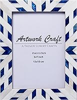 Handcrafted Boho Blue 5x7 Bone Photo Frame - Aztec Chevron Pattern Bohemian Tabletop Wall Decor