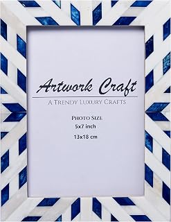 Handcrafted Boho Blue 5x7 Bone Photo Frame - Aztec Chevron Pattern Bohemian Tabletop Wall Decor