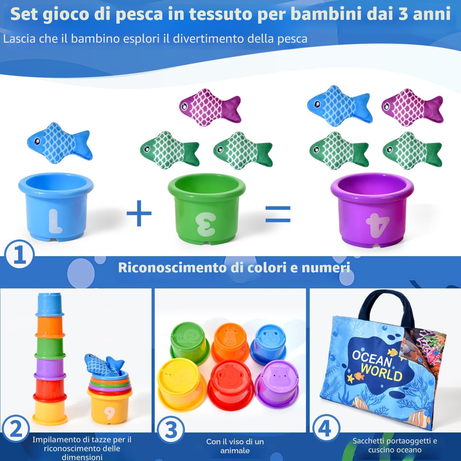 Gioco Montessori Pesca per Bambini 1-3 Anni - 12 Pesci Morbidi con Retino, Giocattolo Educativo per Sviluppo Motricità Fine e Coordinazione, Neonati 12-18 Mesi e Bambini