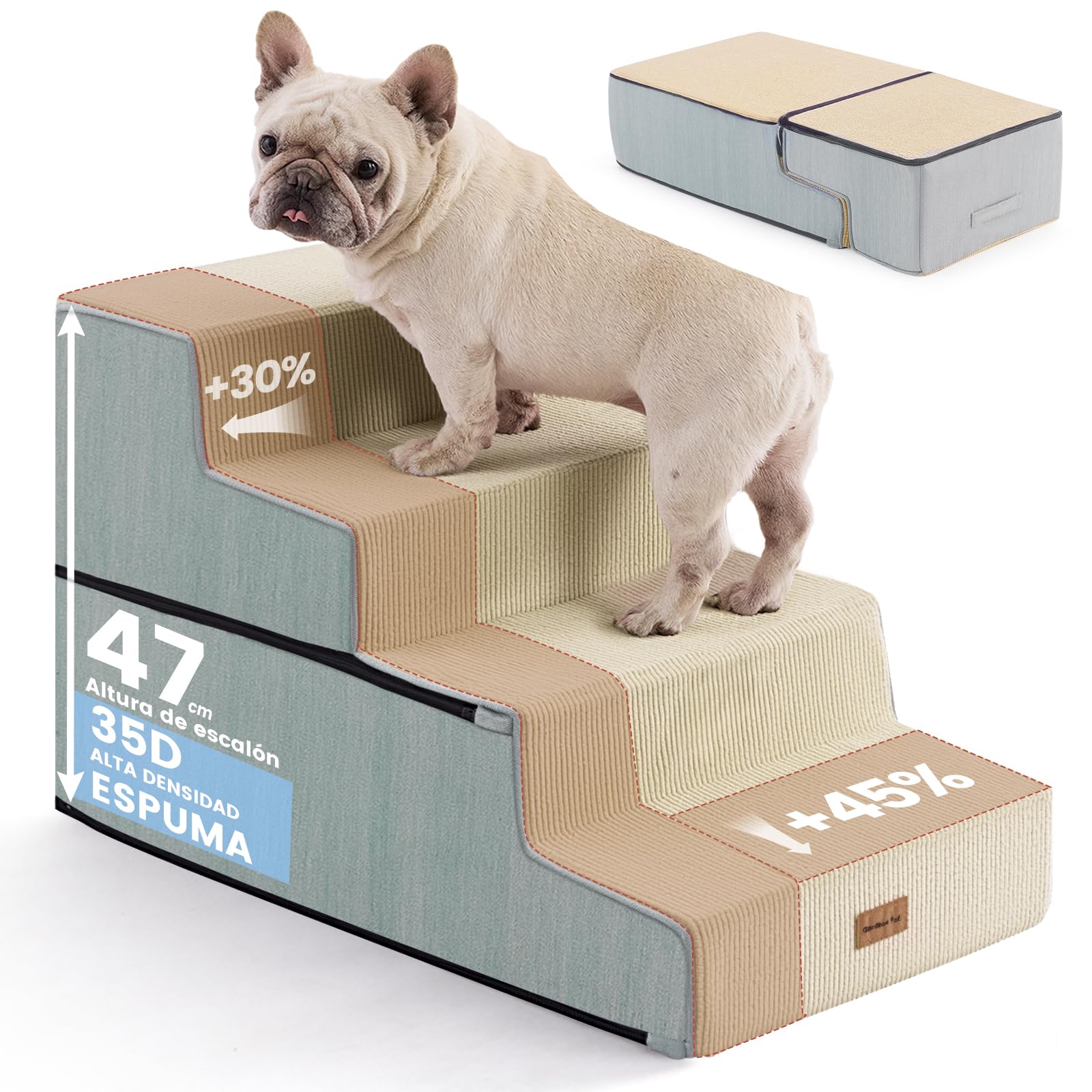 Gardner Pet Escalera para Perros Grade 4 de Espuma de Alta Densidad, 58 cm de Ancho, con Funda extraíble, Antideslizante, facilita el Acceso de Las Mascotas a sofás y Camas - Beige