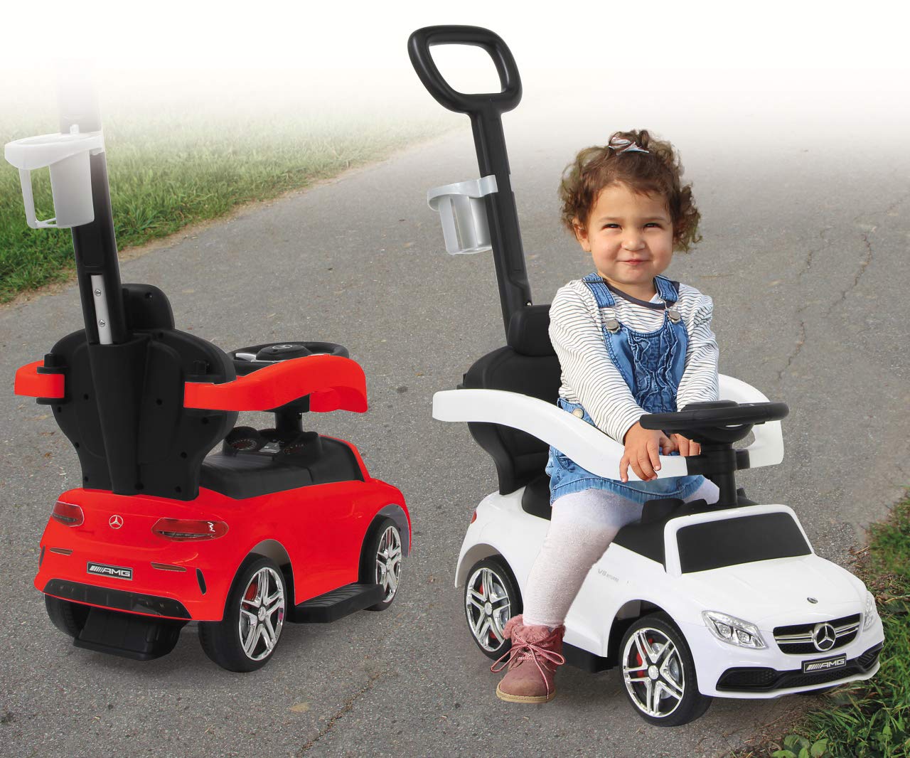 Jamara 460446 - Correpasillo Mercedes-AMG C 63 Rojo 3en1 – Antivuelco, Asiento en Piel sintética, Sonidos, Luces, Protección Lateral, Soporte con función de dirección