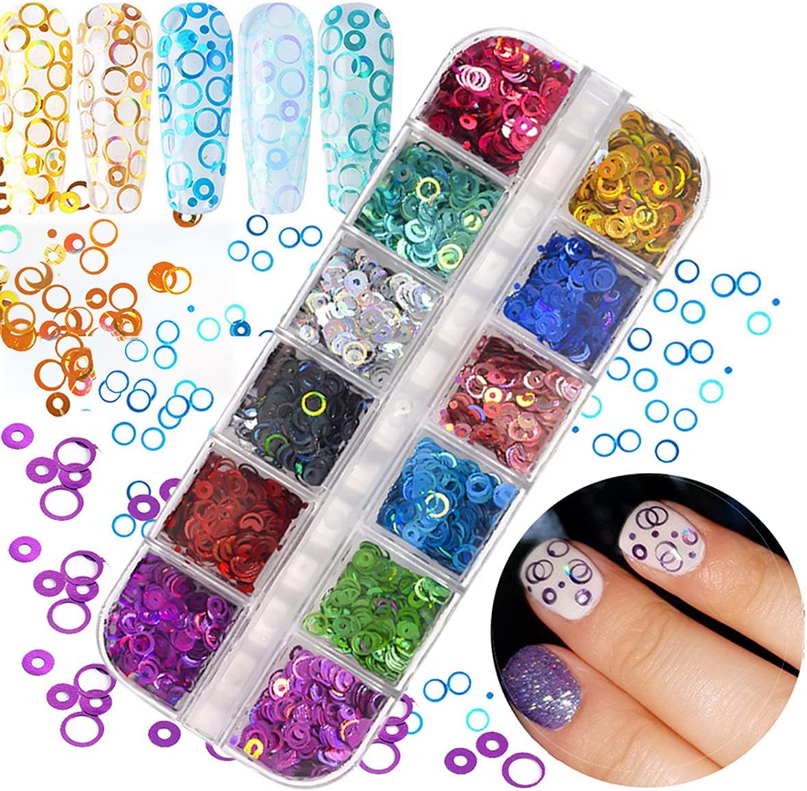 ALVRIO 12 Colors Laser Circle Nail Glitter Sequins 3D Nail Art Decor Holographic Round Shape Flakes Nail Shiny Design Women Girls Manicure Nail Charms Decor DIY Crafts Decorations