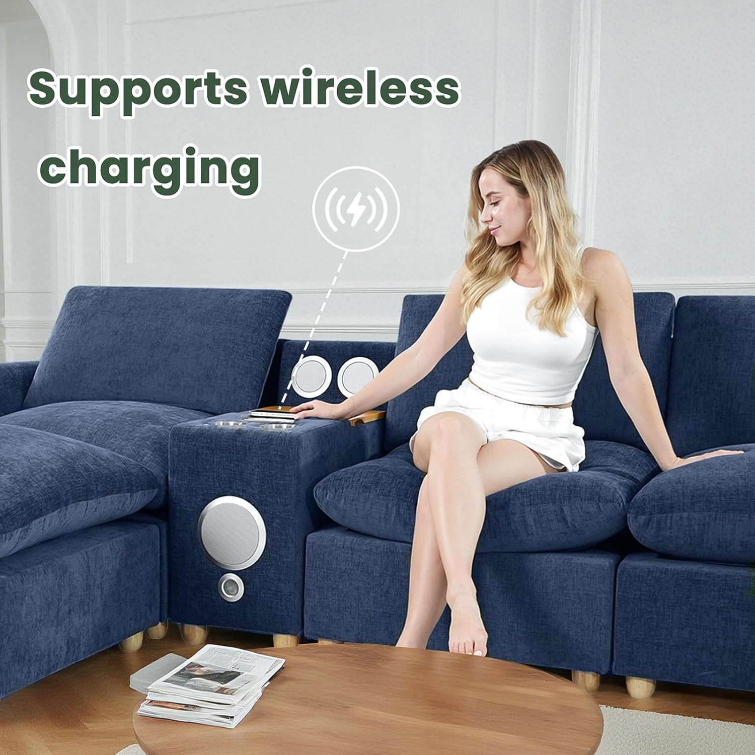 Brelice Modular Sofa Console with Wireless Charging & Bluetooth Speaker - All-in-One Armrest Organizer with Wired Charging, Storage Tray, Volume Control for Sectional Couch, Living Room