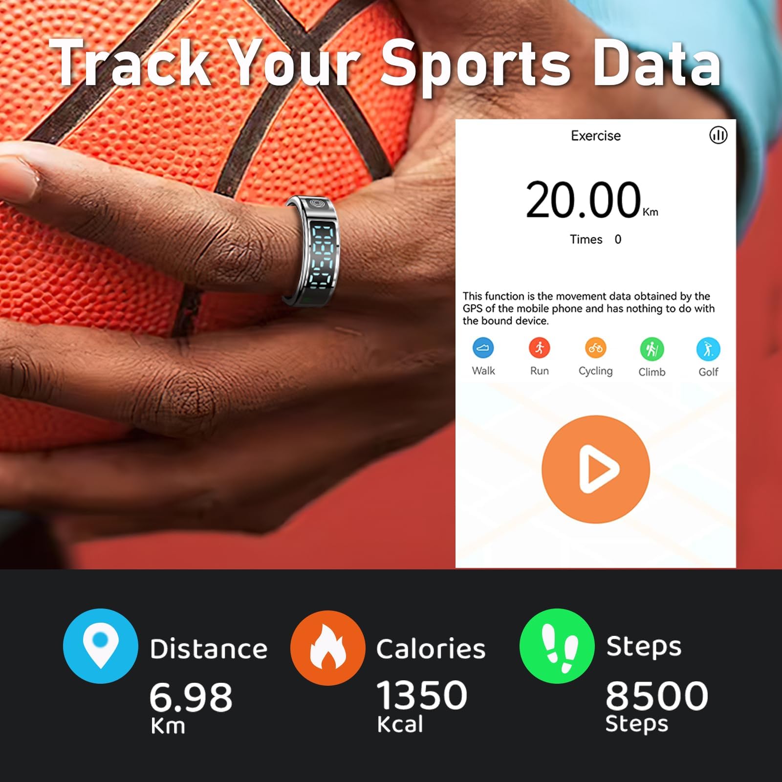 findtime Bague intelligente pour homme et femme - Bague intelligente Android - Suivi du sommeil - Fréquence cardiaque - SpO2 - Suivi des calories - Distance - Podomètre - Déclencheur à distance