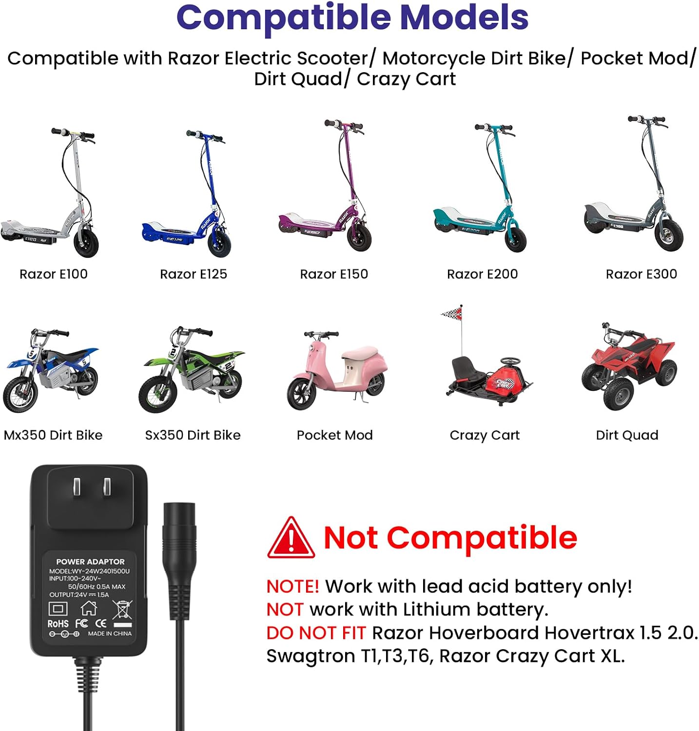 24V Electric Scooter Charger for Razor E100 E125 E150 E175 E200 E300 MX350 Dirt Bike Pocket Mod Sports Mod Dirt Quad Motorcycle Scooter Charger 3-Prong Inline Female Electric Battery Power Cord