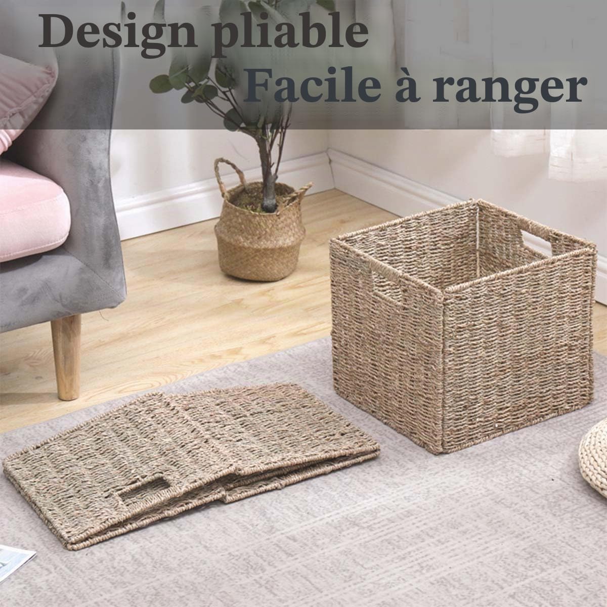 Panier de Rangement, Lot de 2 Panier d'étagère Kallax, Panier Tressé Pliable en Jonc de Mer, Grand Panier pour Vêtements, Jouets -Couleur Naturelle 30x30x30cm