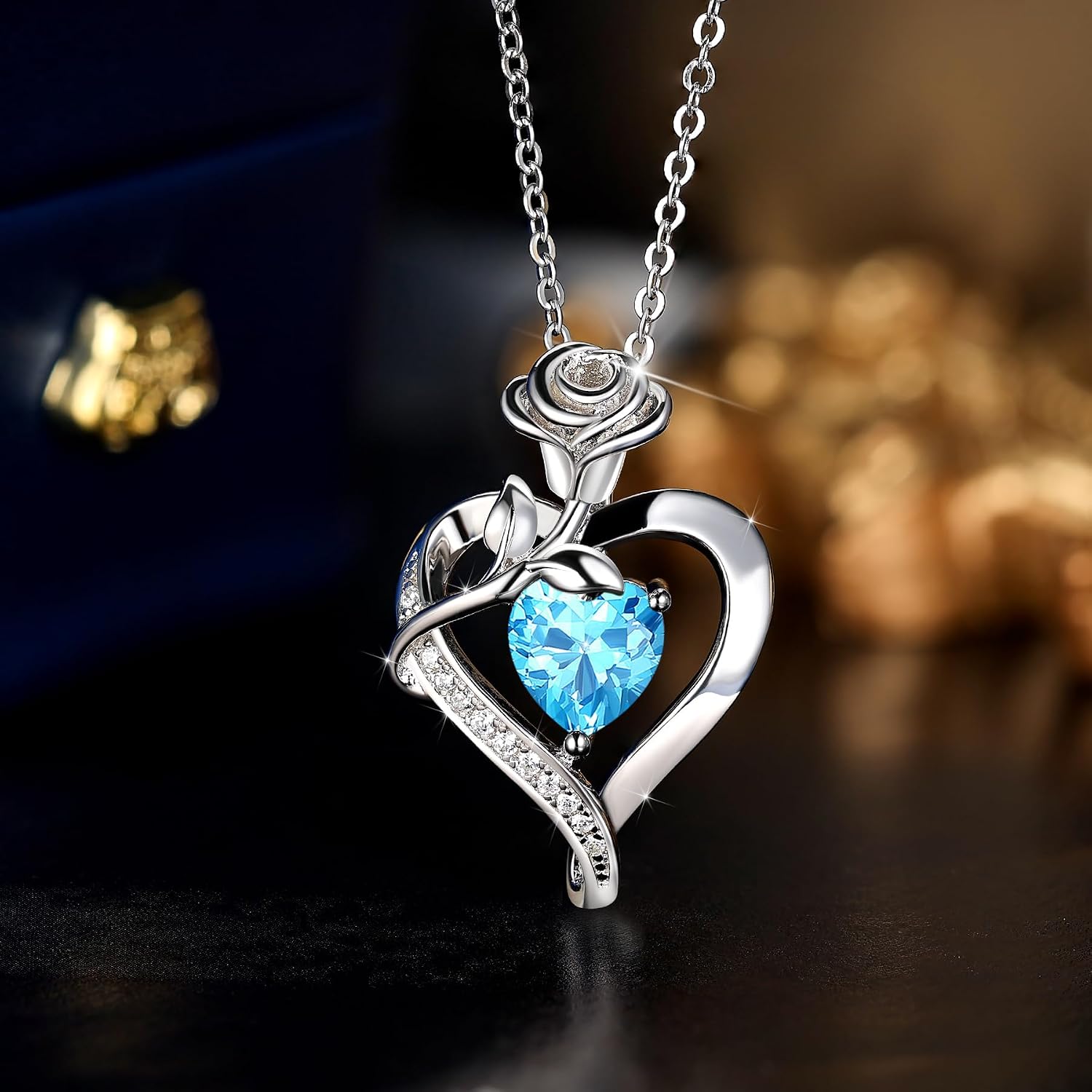 S925 Sterling Silver Rose Flower Dainty Birthstone Heart Necklaces Gifts for Women Jewelry Anniversary Valentines Day Birthday Gifts for Wife Girlfriend Mom