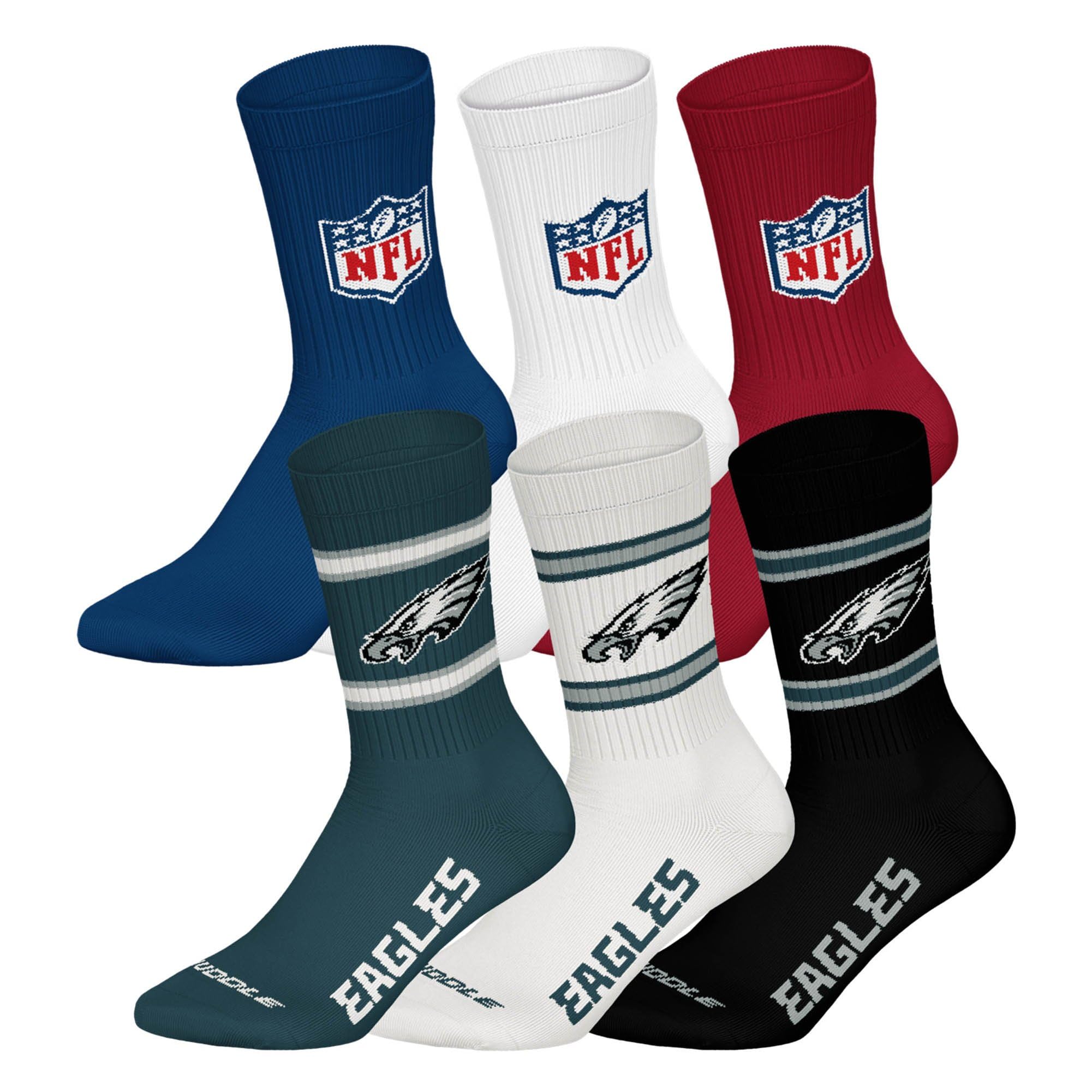 NFL Unisex Team Crew Socks, Philadelphia Eagles, Mix, 39-42, Pack of 6
