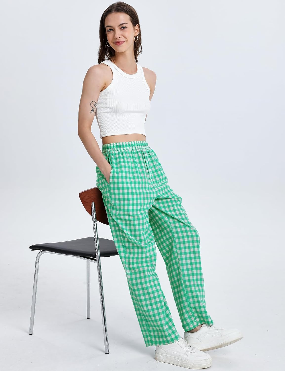 Flygo Womens Pajama Pants Wide Leg Gingham Lounge Pants Plaid Cotton Pajama Bottoms with Pockets - Image 5