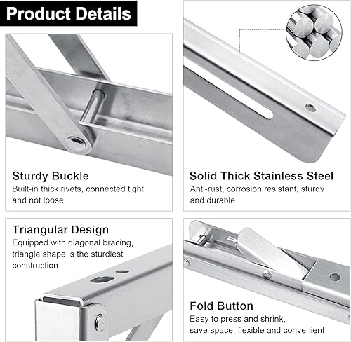 Miniatura 2 de Folding Shelf Bracket 12 inch, Space Saving DIY Brackets, Heavy Duty Stainless Steel Collapsible Shelf Brackets, 2PCS Wall Mounted Folding Table