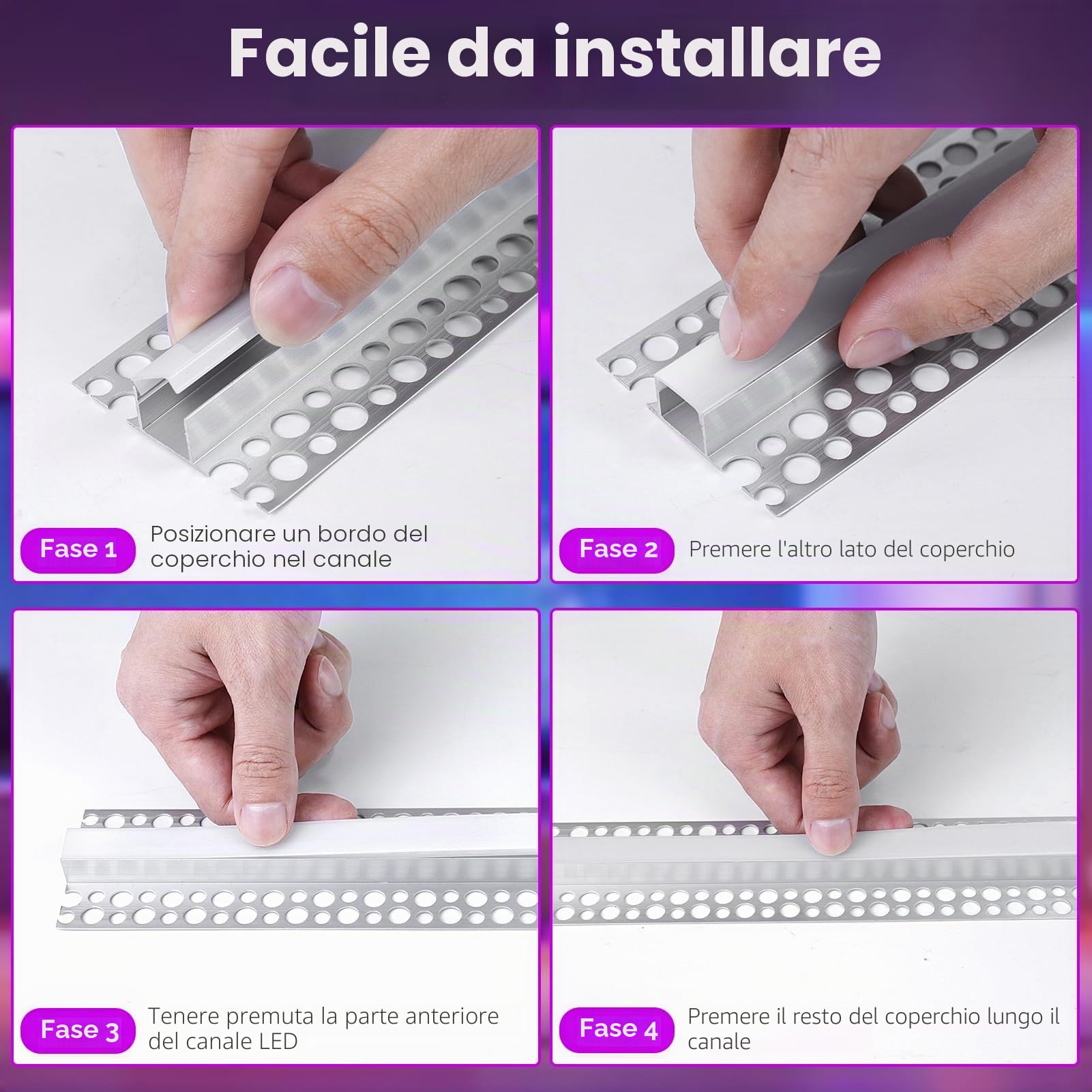 Profilo LED intonacato, confezione da 4, canale LED in alluminio da 1 m, con diffusore lattiginoso per strisce LED da 12 mm, profilo da incasso in cartongesso senza finiture per soffitti e