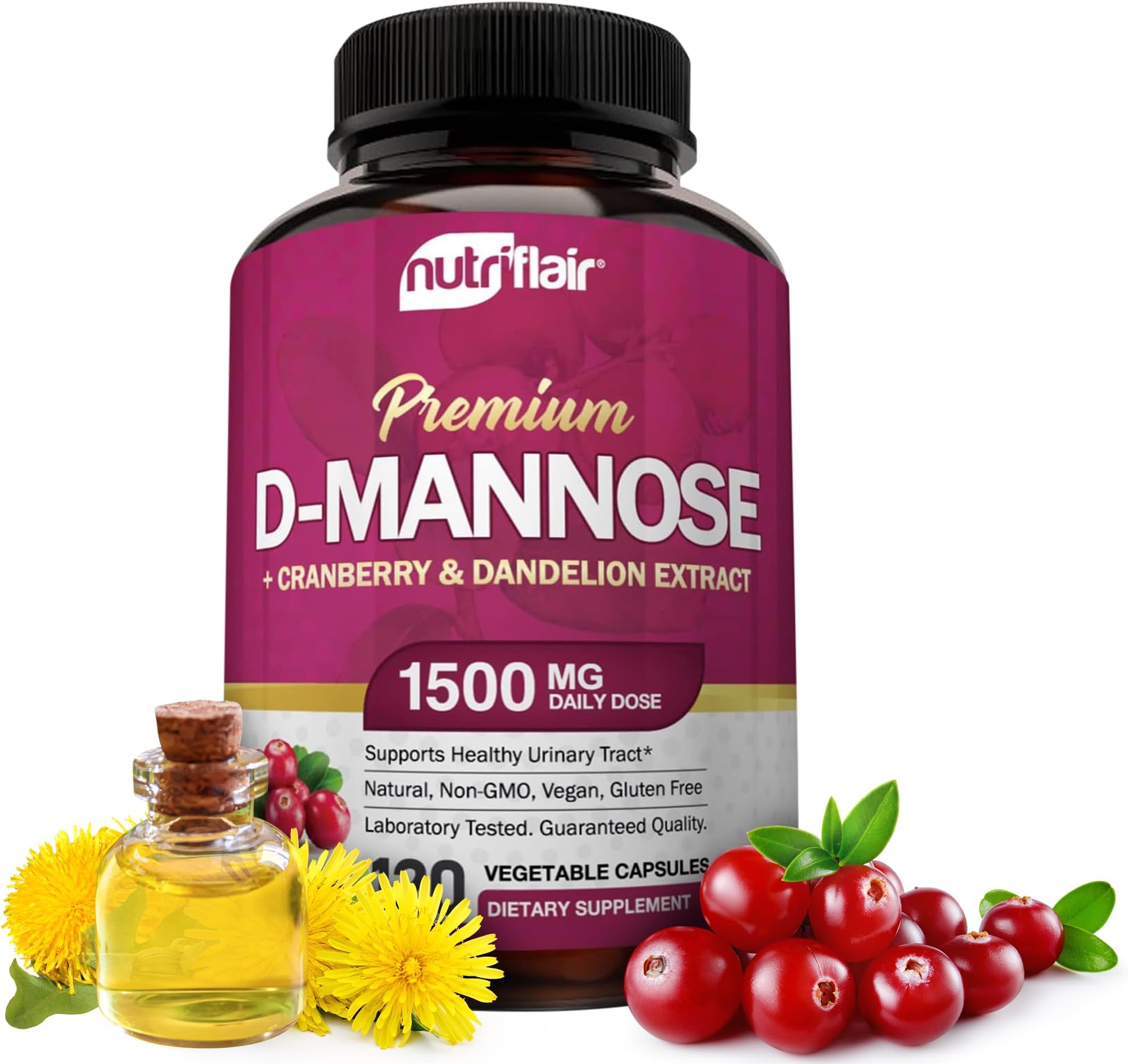 D-Mannose 120 Capsules, 1500mg - with Cranberry and Dandelion Extract - Natural Urinary Tract Health UTI Support - Best D Mannose Powder - Flush Impurities, Detox Body, for Women and Men