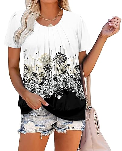 onlypuff Womens Short Sleeve Tops Tunics Summer Pleated Front Blouses Shirts