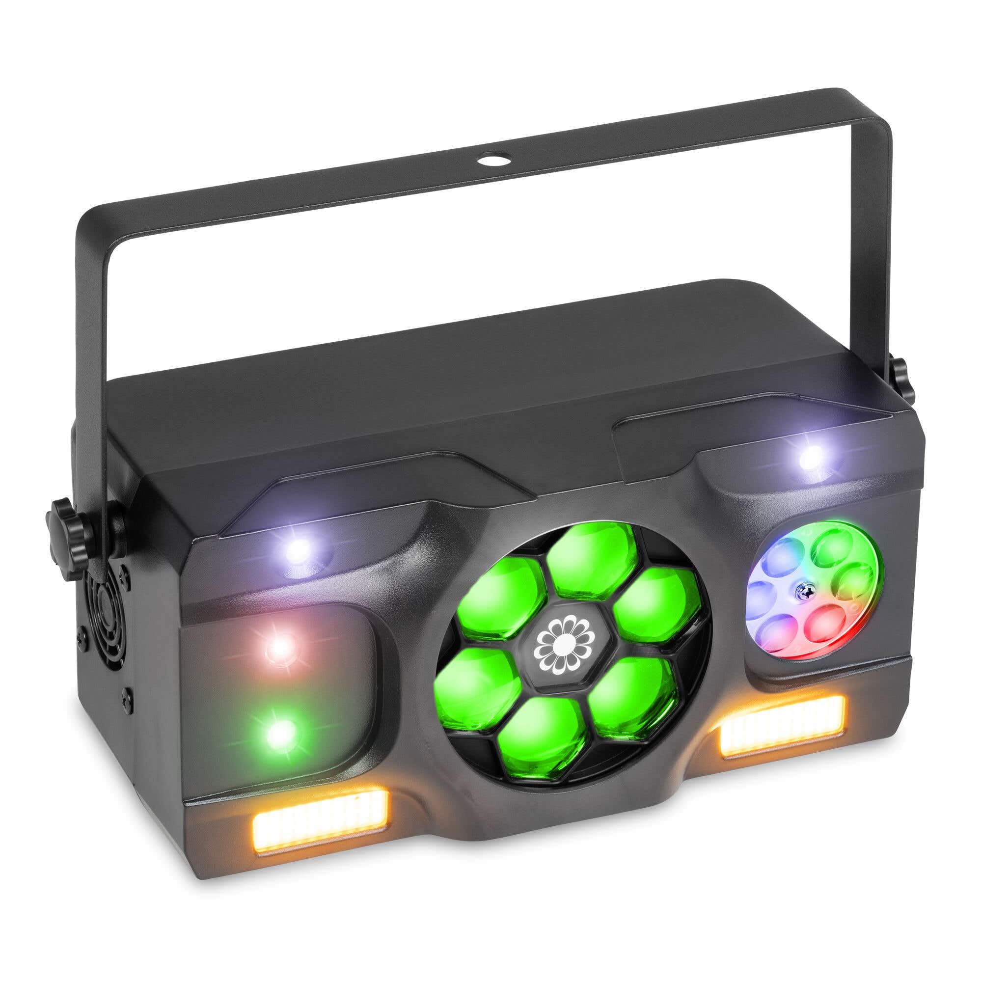 Fuzzix Stellar2 Jeu de Lumière LED Triple Effet, Derby RGBW, Gobo Rotatif & Stroboscope, Télécommande Incluse, Modes Auto & Musical, Éclairage DJ, Bars, Clubs et Événements Festifs