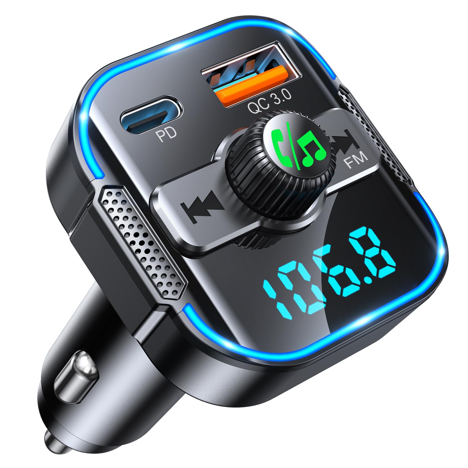 Glangeh Trasmettitore FM Bluetooth 5.3 per Auto [Ricarica Rapida PD 45W+QC3.0 36W], 2026 Upgrated Adattatore Bluetooth Auto Audio Radio con Doppi Microfoni, Car Kit Chiamata Vivavoce, Supporta Siri
