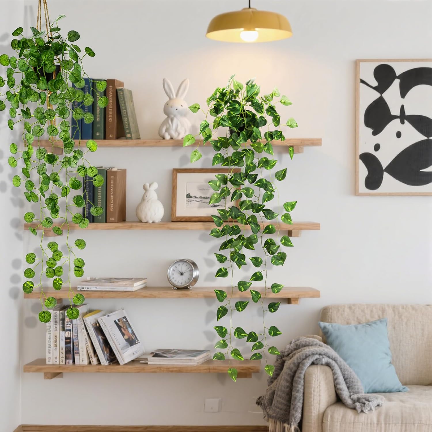 Folmywy 4 Pack Artificial Hanging Plants Vines with Pot Fake Vine Potted Plant Mixed Greenery Leaves Plant Theme Classroom Decoration for Indoor Outdoor Living Room Office Shelf - Image 5