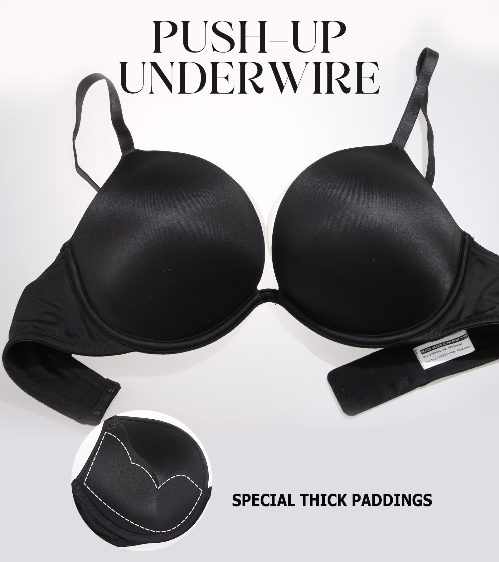 Lemorosy Sujetador push up con relleno y escote en V profundo para mujer, con aros, 2 copas