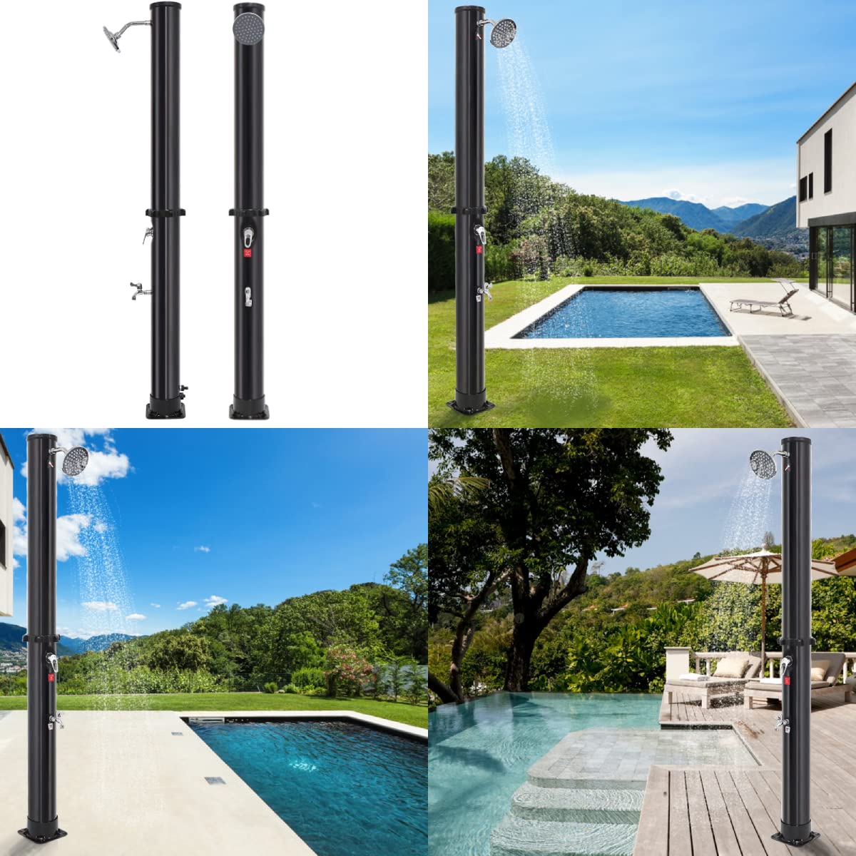 Solardusche mit 35 Liter Wasserbehälter Solar Gartendusche mit Regenduschkopf und Wasserhahn Gartensolardusche max. 60°C für Garten, Pool, Camping (Zylinder 21×21×217 cm Schwarz)