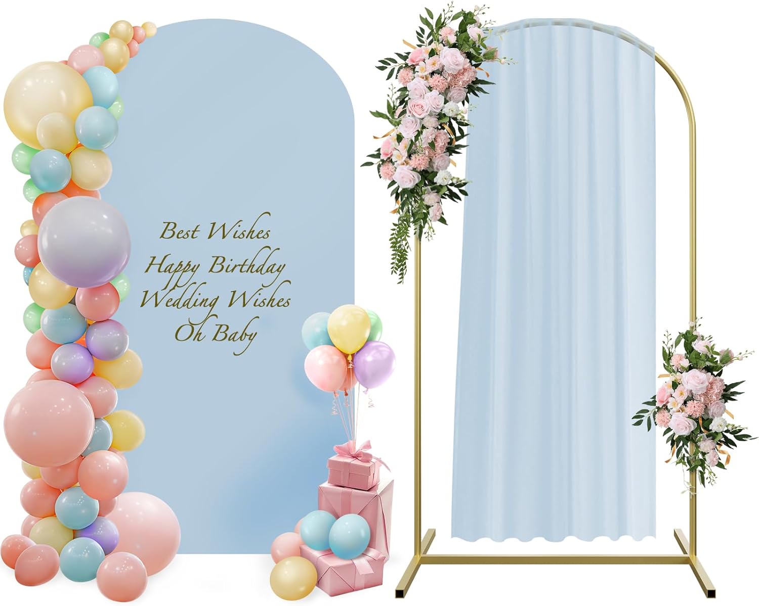 Balloon Arch Backdrop Stand and Arch Cover 7.2ft, Metal Arch Stand Cover Set with 100 Party Multi-Colored Balloons for Birthday Party Wedding Ceremony Bridal Baby Shower Event Decor