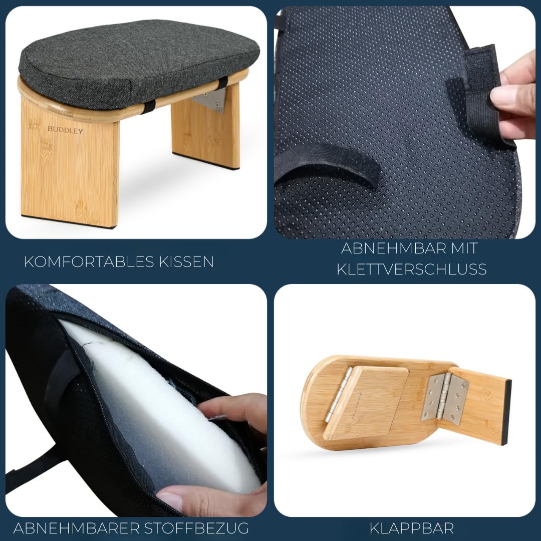 BUDDLEY Meditationsbank - Klappbar mit Kissen aus Baumwolle - Yogahocker - Meditationsstuhl Faltbar - Yogastuhl - Ergonomisch - aus Bambus