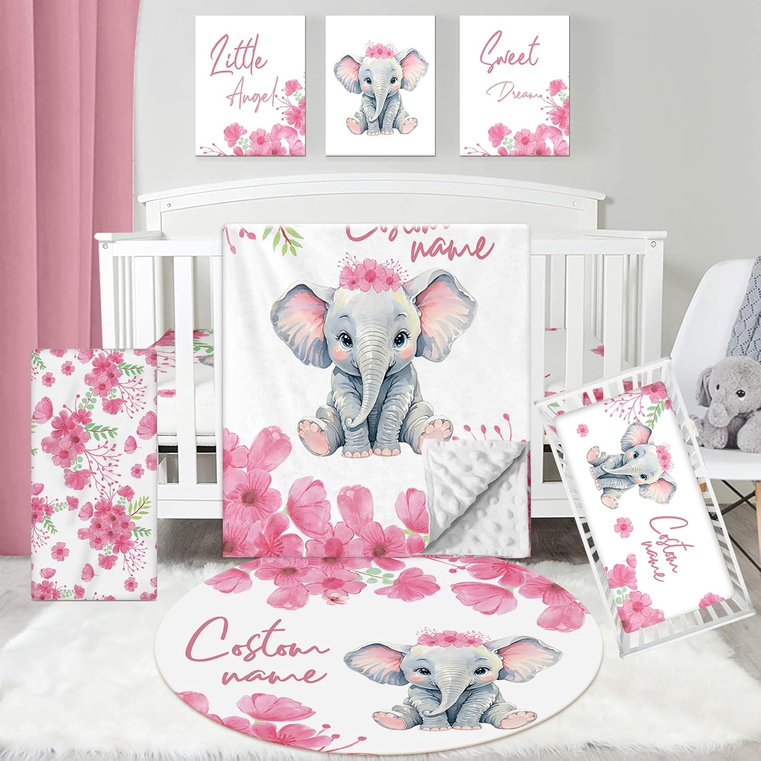 Personalized Baby Crib Bedding Set: 5 Piece Custom Gift Calf Elephant Cow Crib Bed Set with Name,Nursery Bedding Set for Toddler Girls Crib,Infant Boys Crib Sets, Floral Crib Bedding Gifts(Fixed Size)