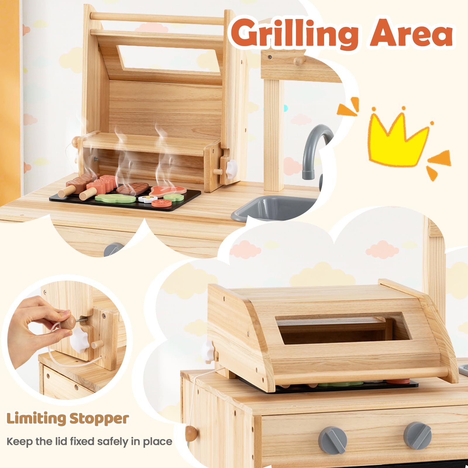 HOMASIS Matschküche Kinder Outdoor, Kinderküche mit BBQ-Grill Tafel Waschbecken Spüle, Spielküche mit 27 Zubehör, Spielzeugküche aus Tannenholz, Gartenküche Outdoorküche für Kinder ab 3 Jahren, Natur