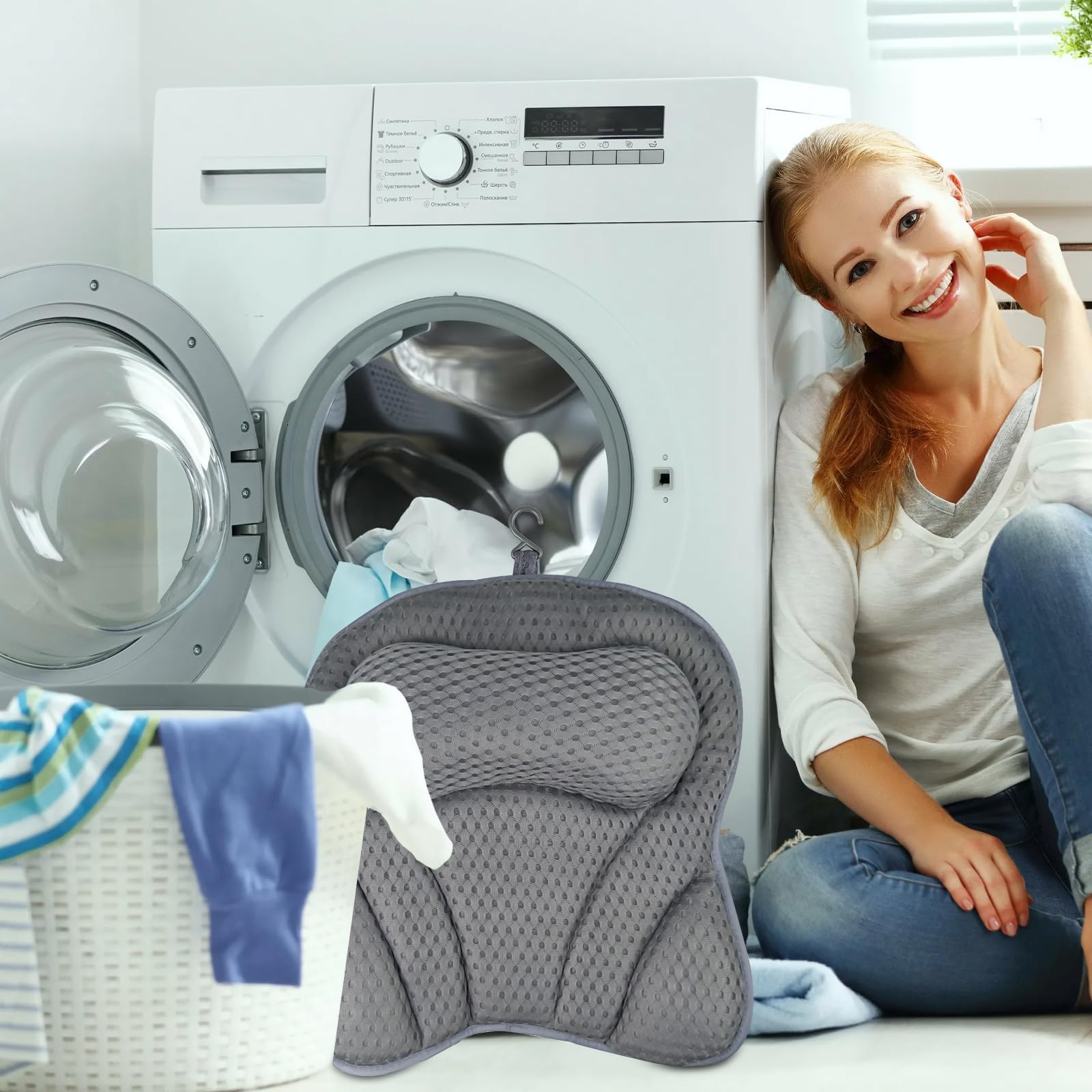 Chiluxendo Almohada Bañera, Cojin Bañera Antideslizantes, Bathtub Pillows, Almohada de Baño con Tecnología de Malla de Aire 4D y 6 Ventosas, Accesorios de Baño con Reposacabezas Ergonómicos (Gris)
