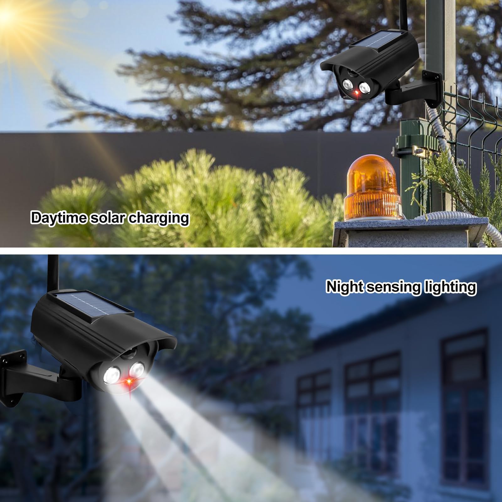 Lot de 4 caméras factices solaires factice d'extérieur avec lumière LED clignotante, factice solaire, caméra de surveillance factice pour garages, arrière-cours, portes d'entrée