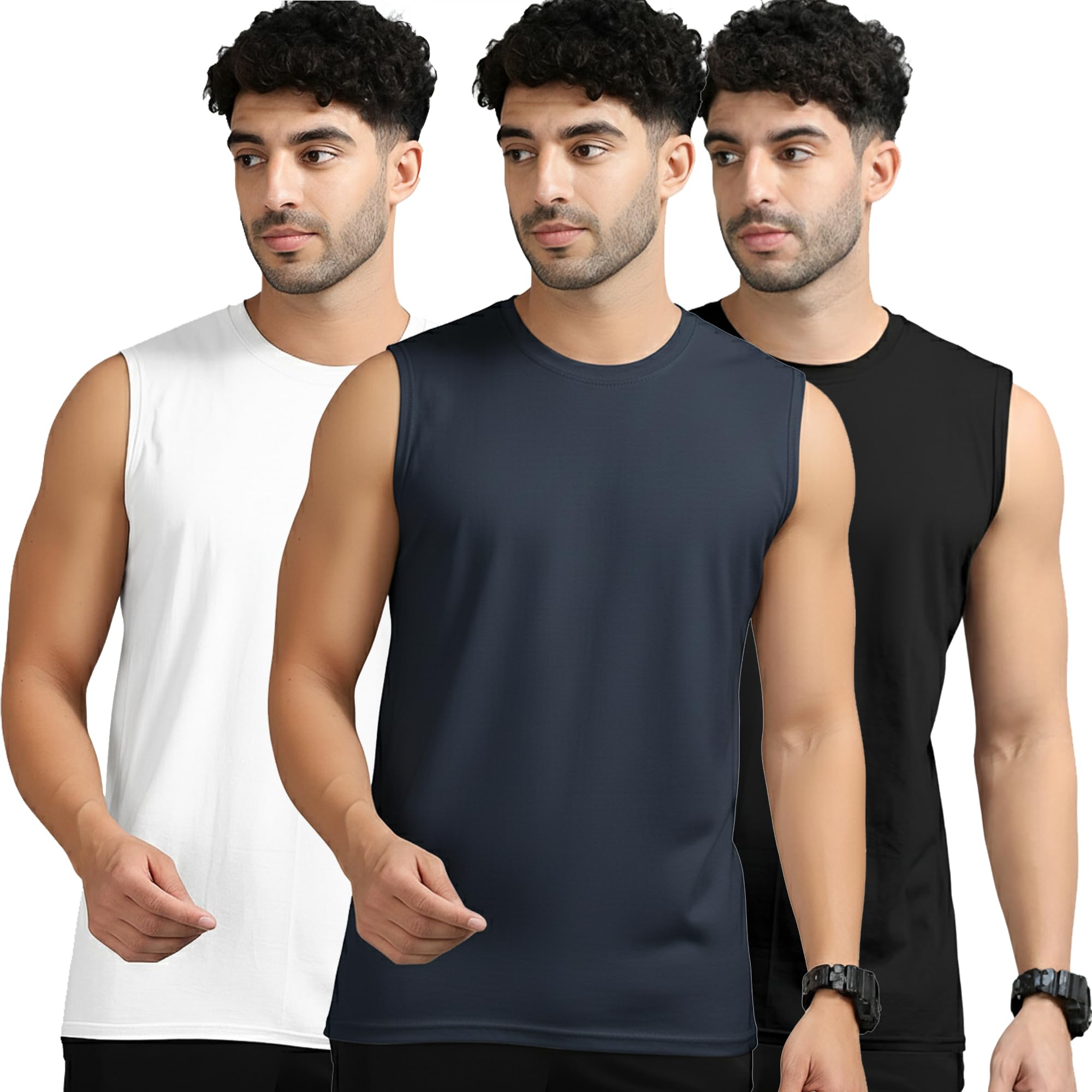 Jangoboy Men's Active Wear Sleeveless T-Shirt Gym Wear Tank Top Vest Round Neck Running Sando for Sports (Pack of 3)-image-10