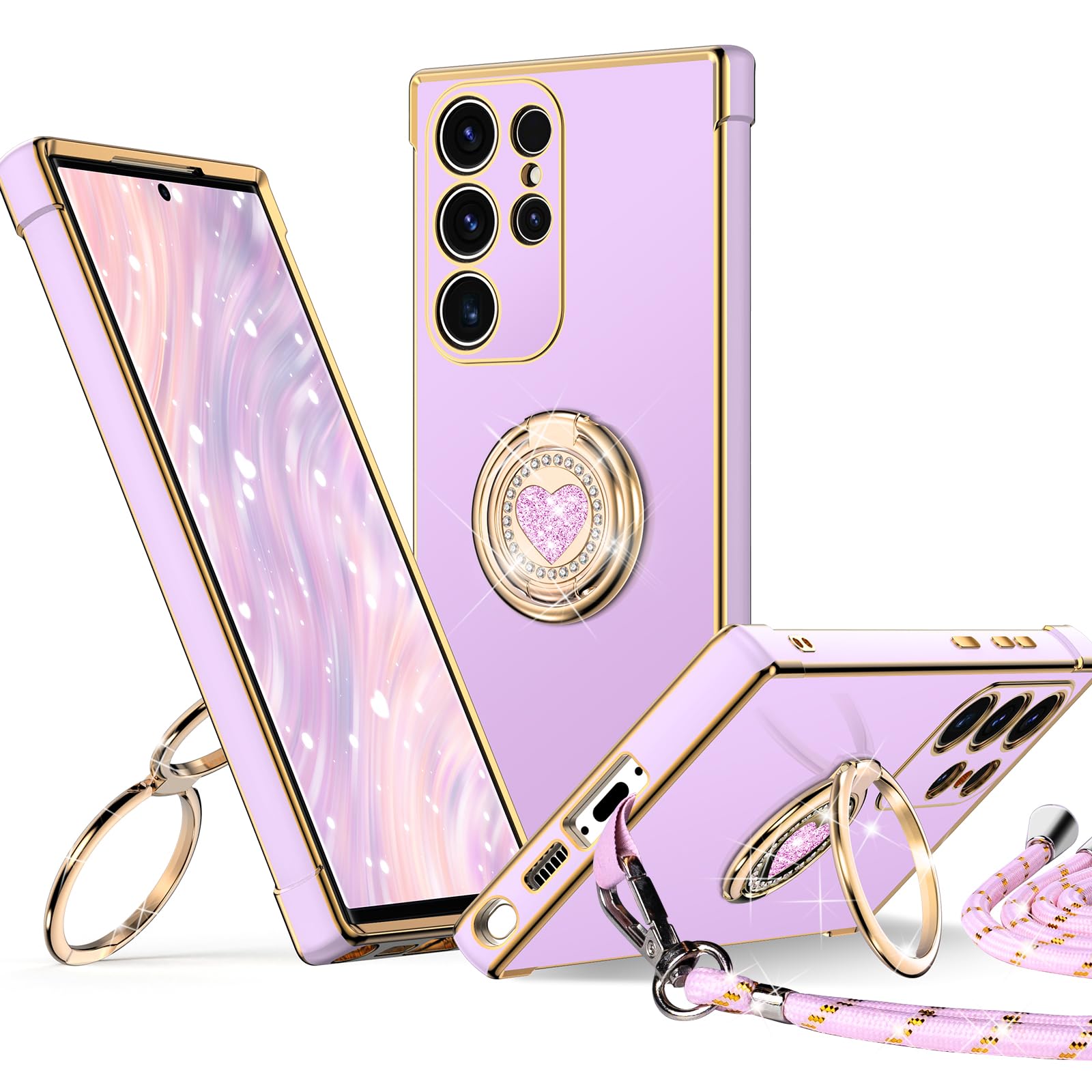 XYZ for Galaxy S23 Ultra Case with Stand, for Samsung Galaxy S23 Ultra Case with Double Ring, Women Girls Bling Luxury Protective Phone Case Heart for