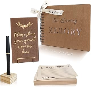 Wooden Funeral Guest Book for Memorial Funeral Service - in Loving Memory Guest Sign Book Set - Celebration of Life Guestbook - Included Share a Memory Cards, Table Sign, Pen