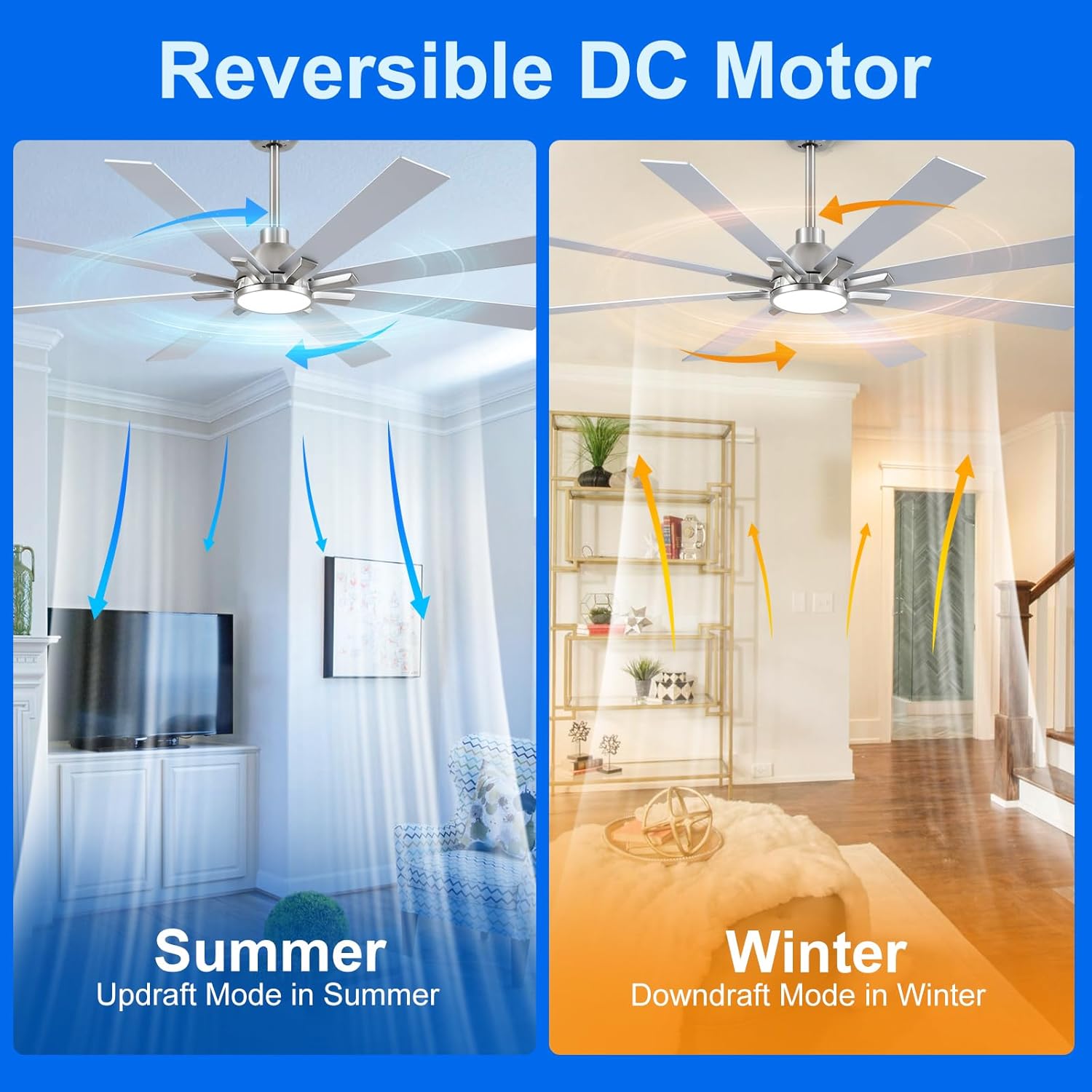62 Inch Ceiling Fans with Lights and Remote, Nickel Large Ceiling Fan for Bedroom Living Room Indoor/Outdoor, 6 Speed Reversible DC Motor, 3CCT, Downrod, Dual Color 8 Blades, ETL Listed