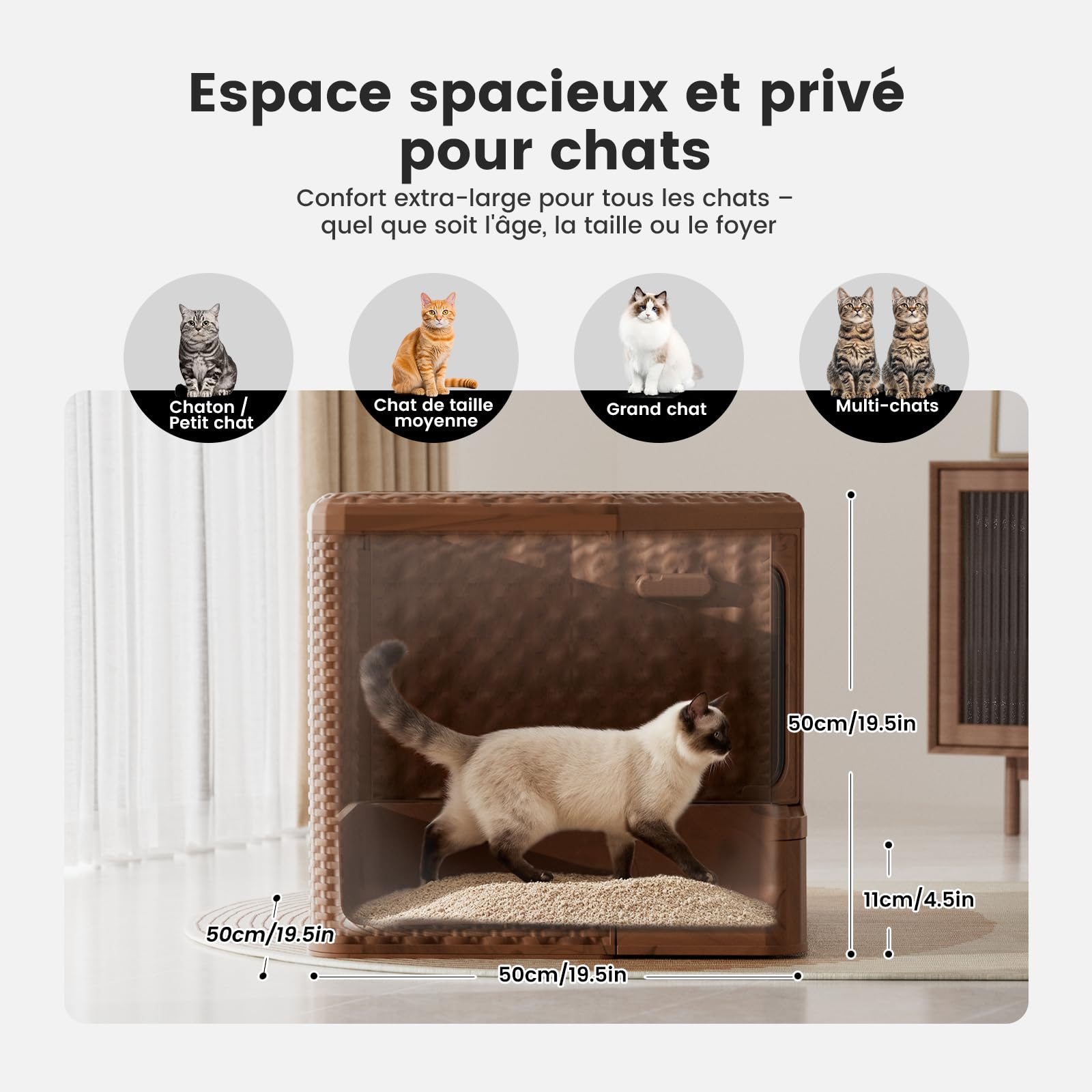 Gradner Pet Maison de Toilette pour Grand Chat XXL Anti Odeur, Brun | Bac à Litière, Caisse Litière Fermée, Compartiment Inférieur Amovible, Nettoyage Facile, Intimité Sécurisée