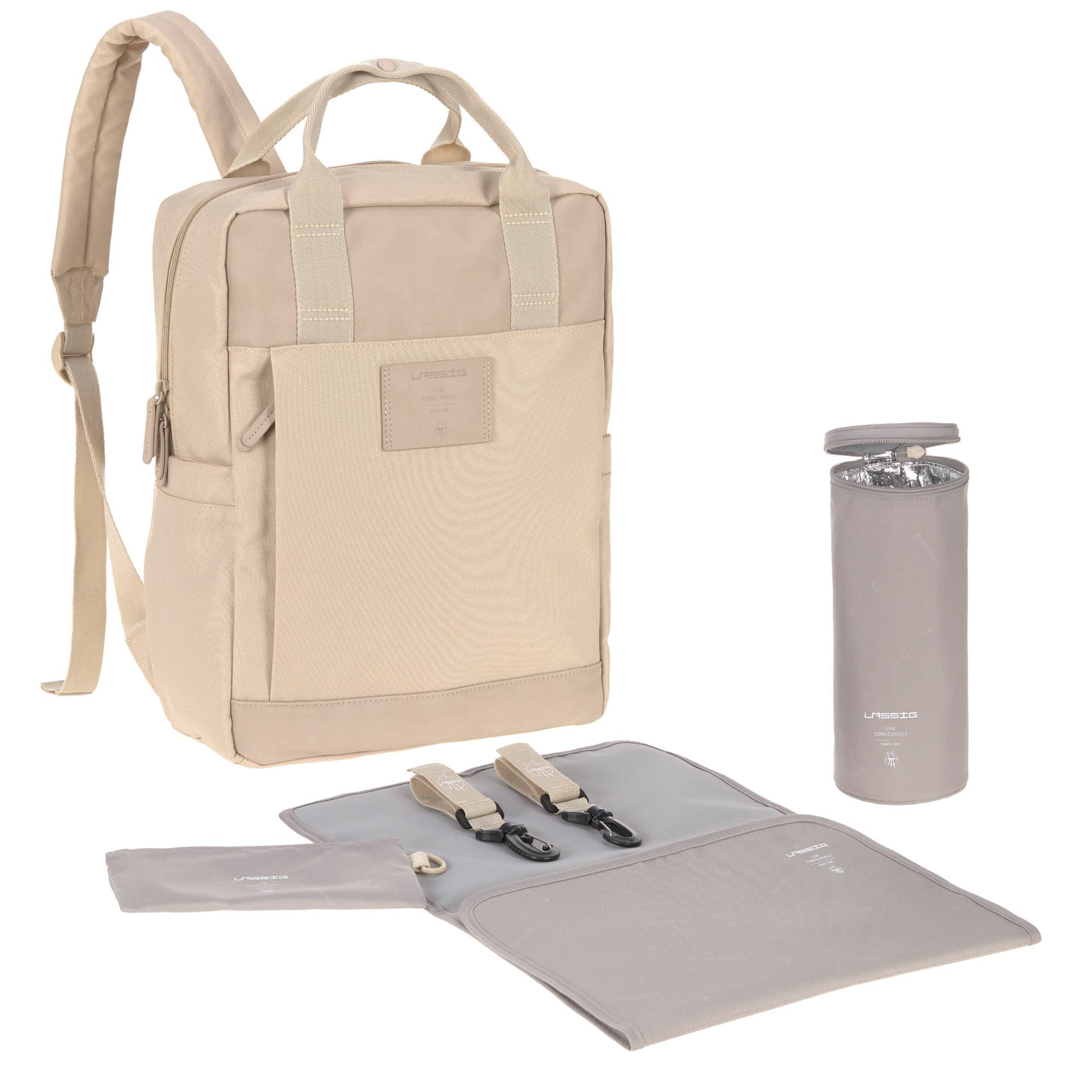 LÄSSIG Baby Wickelrucksack Wickeltasche Rucksack mit Wickelunterlage, Kinderwagenbefestigung, Flaschenhalter nachhaltig produziert/GRE Vividal Backpack humus