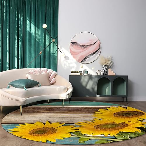 Miniatura 2 de Alfombra redonda de girasol verde azulado de 3 pies, lavable para interiores y exteriores, para dormitorio, cocina, baño, sala de estar, casa de