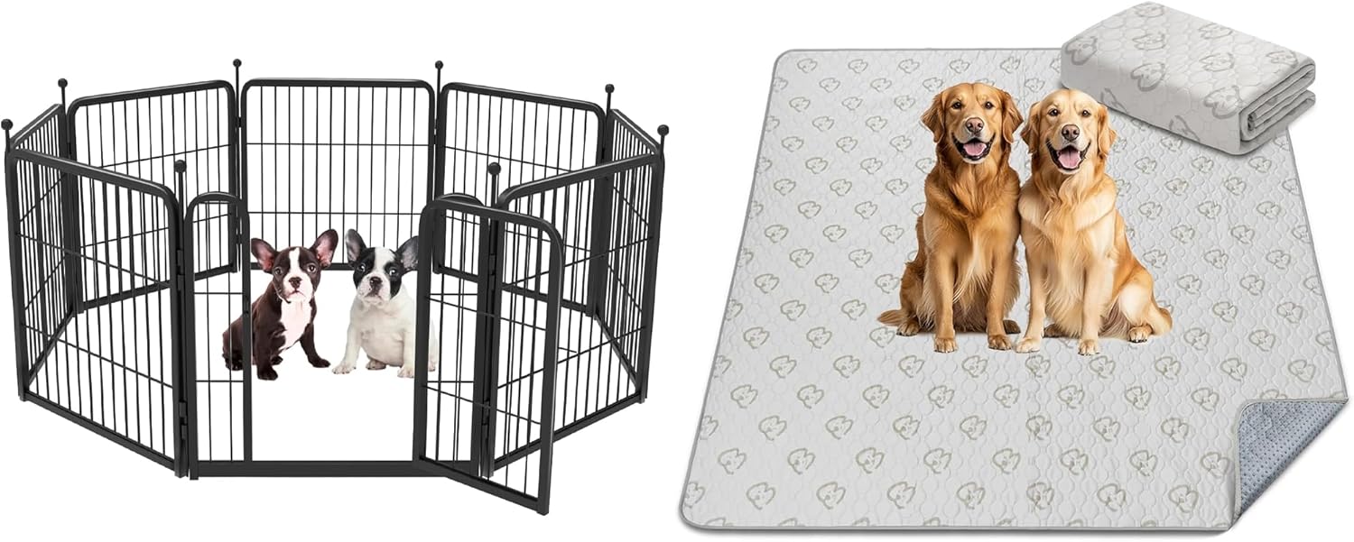 FXW 24 inch 8 Panels Rollick Dog Playpen & FXW 63" x 63" 1 Pack Washable Pee Pads