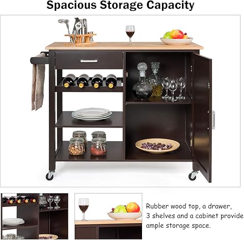 Miniatura 5 de Giantex Kitchen Island Cart Carrito de servicio con ruedas, carrito de madera con cajón, armario de almacenamiento, 4 estantes para botellas de