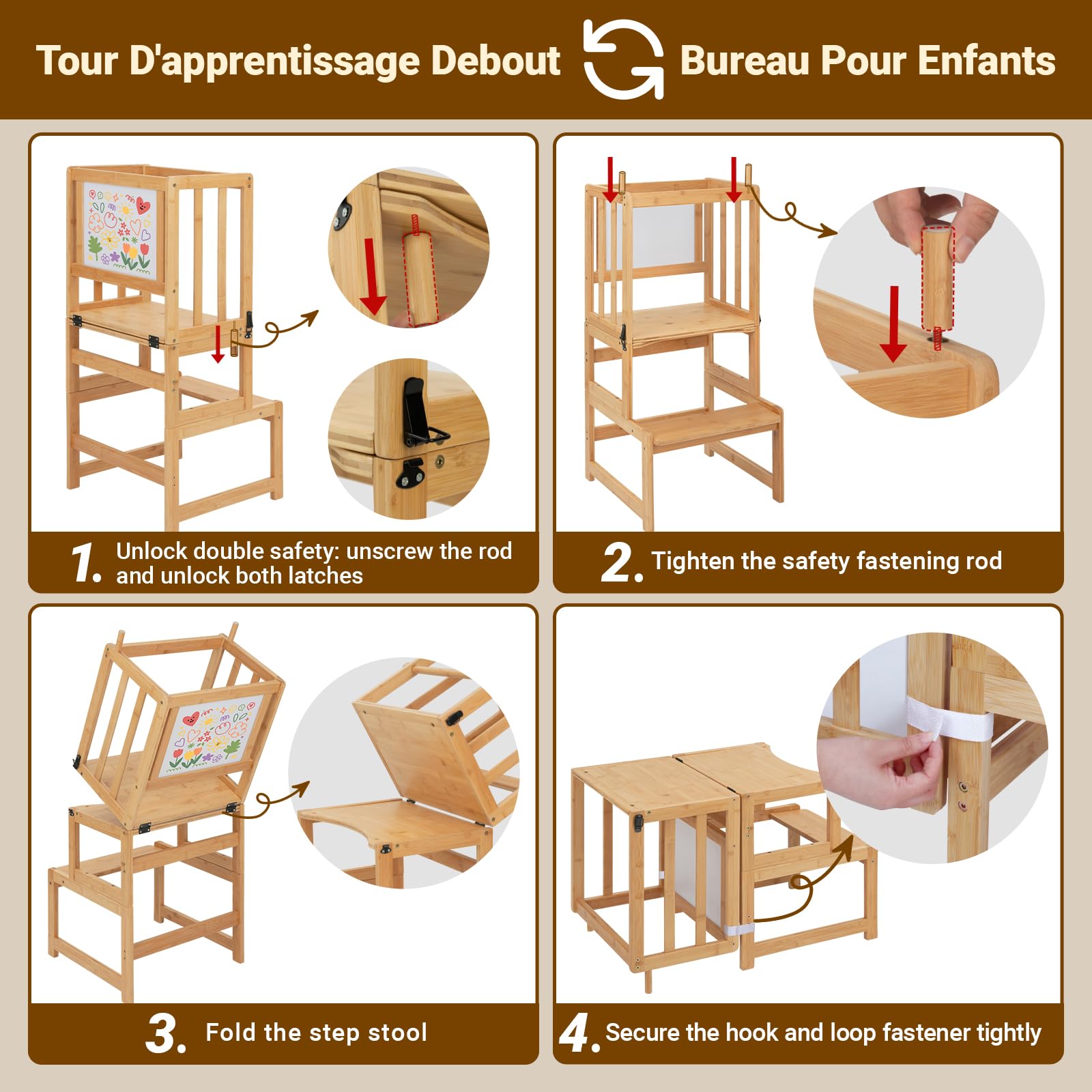 COSYLAND Tour d’Observation Enfant 3-en-1 Montessori en Bambou – Chaise d’Apprentissage Sécurisée Bébé avec Double Dispositif de Sécurité et Design Breveté – Couleur Classic Natural
